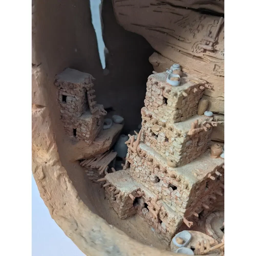 1992 Signed Clay Pueblo Pottery Diorama Southwestern Cave Village Sculpture Vase